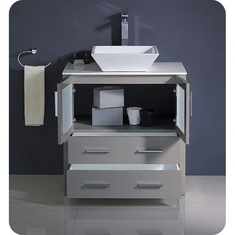 Gray Engineered Wood Freestanding Single Sink Vanity Base with Frosted Glass Doors