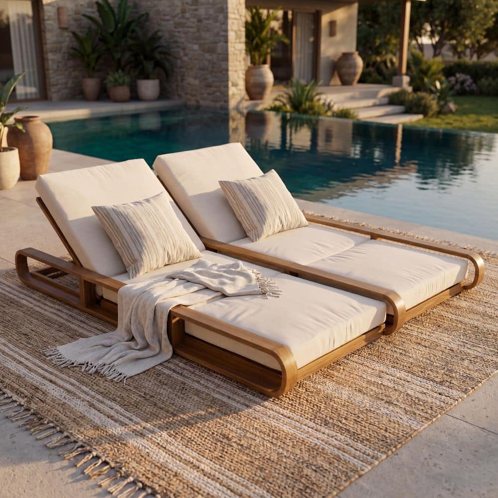 Adero Teak Finish Acacia Wood Outdoor Patio Double Chaise Lounge with Two Cream 3-Fold Cushions price history on PriceWatchPro