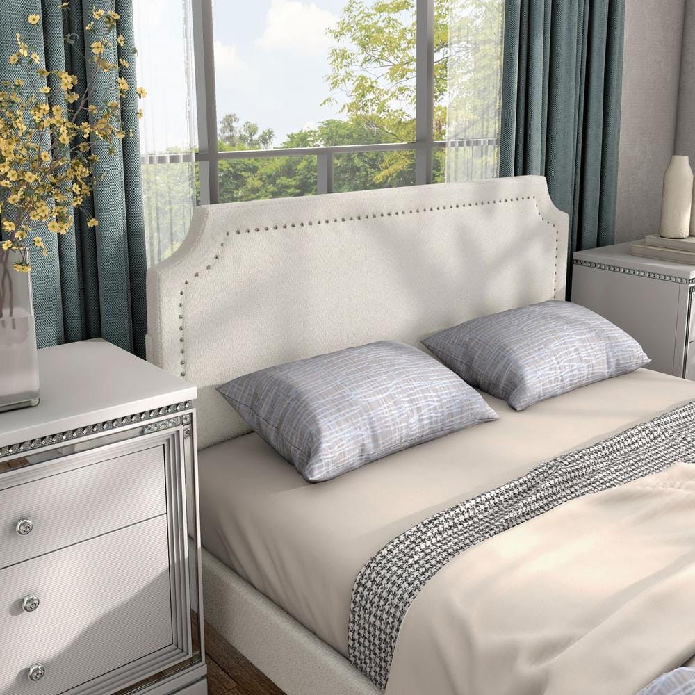 White Boucle Upholstered Queen Bed with Nailhead Trim and Wood Frame