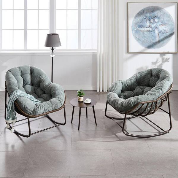 オットマン　ファブリック Wicker Outdoor Rocking Chair with Light Green Cushion, Rattan