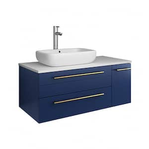 Lucera 36 in. W Wall Hung Bath Vanity in Royal Blue with Quartz Stone Vanity Top in White with White Basin