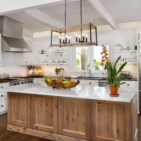 Lnc Brown Rectangular Chandelier Caged Black 8 Light Island Pendant Candlestick With Faux Wood Accent J2qvrzhd1367487 The Home Depot Lnc Brown Rectangular Chandelier Caged, Home Depot Kitchen Island Light Fixtures