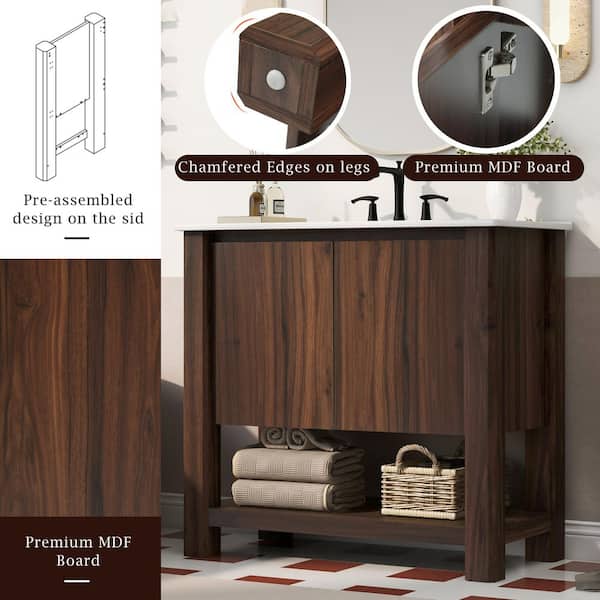 Beaumont 35.5 in. Modern Bathroom Antique Brown Wood Cabinet Bath Vanity with White Ceramic Top Sink, Open Shelf