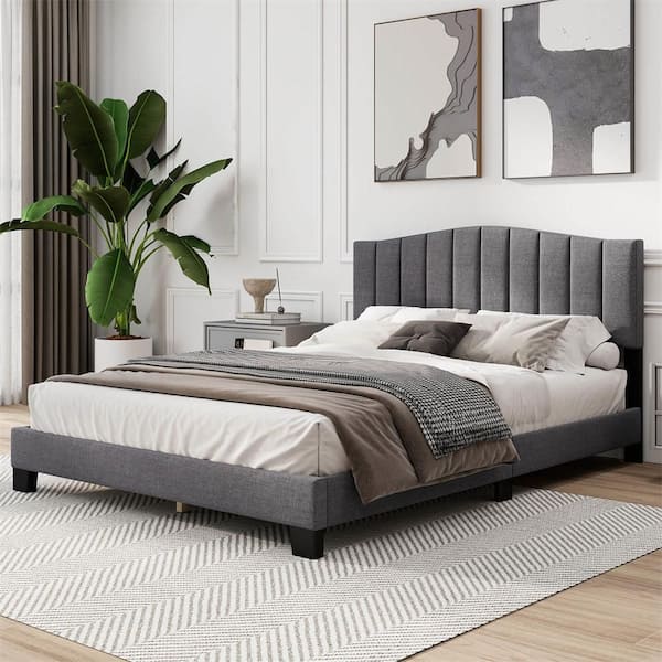 Gray + Black Modern Upholstered Wooden Frame Queen Size Platform Bed with Wooden Slat Support