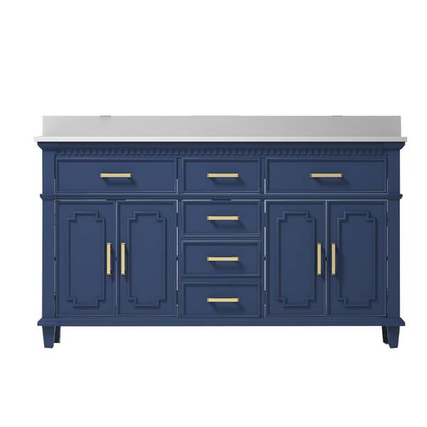 JimsMaison 60 in. W x 22 in. D x 38 in. H Bath Vanity in Blue with White Granite Top