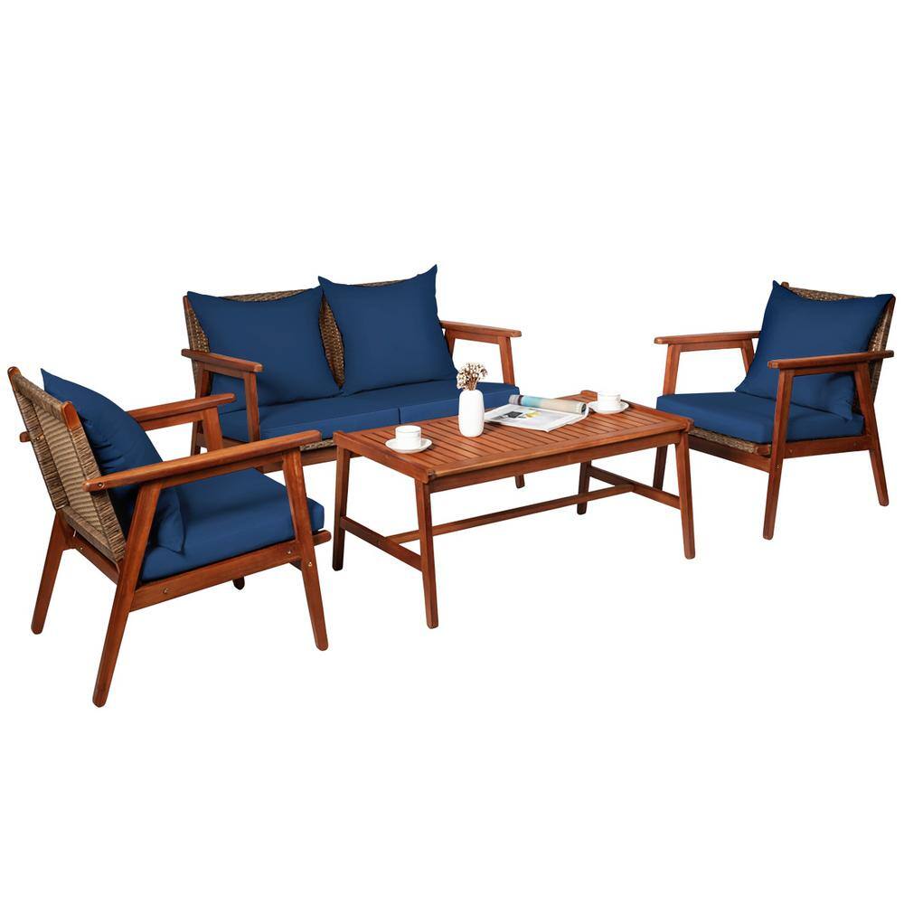 Navy Acacia Wood and Rattan 4-Piece Outdoor Patio Set