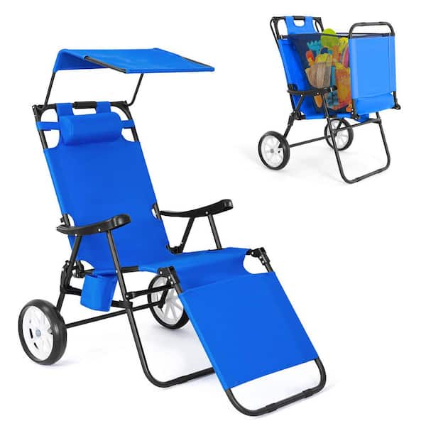 Beach Chair with Canopy Shade Beach Cart Chairs w/ Wheel 2 in 1 Folding Lounge Chair Outdoor Recliner Patio Lounge Chair