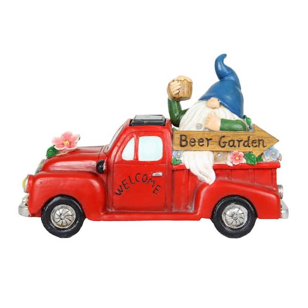 Solar Hand Painted Beer Garden Red Truck, 10 in. x 7 on. Gnome Garden Statue