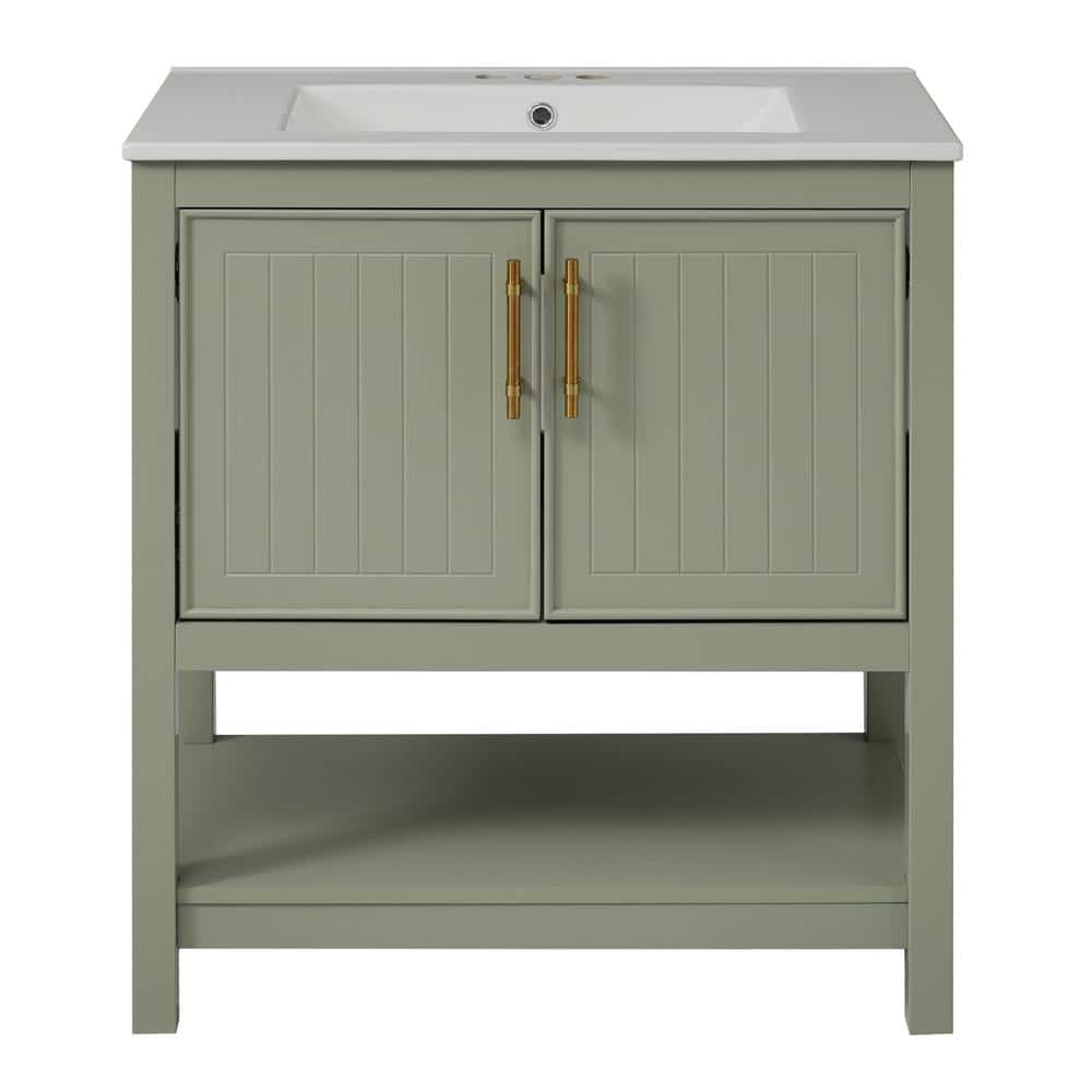 30 in. W Freestanding Bath Vanity in Green with White Ceramic Top