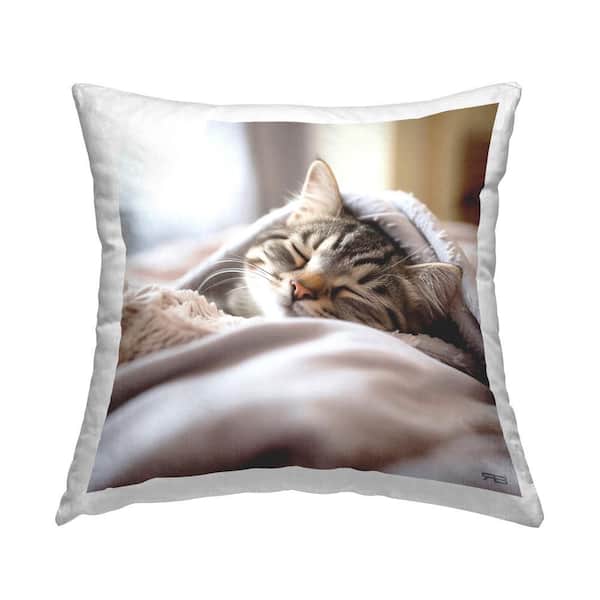 Stupell Industries Striped Kitten Cuddling Gray Print Polyester 18 in. x 18 in. Throw Pillow