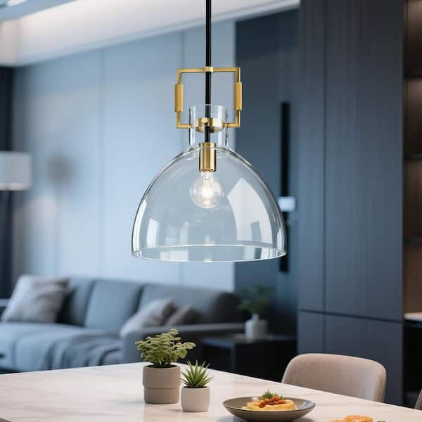 Essence 1-Light 14 in. Contemporary Matte Black and Gold Pendant Light Fixture with Bowl Shaped Clear Glass Shade