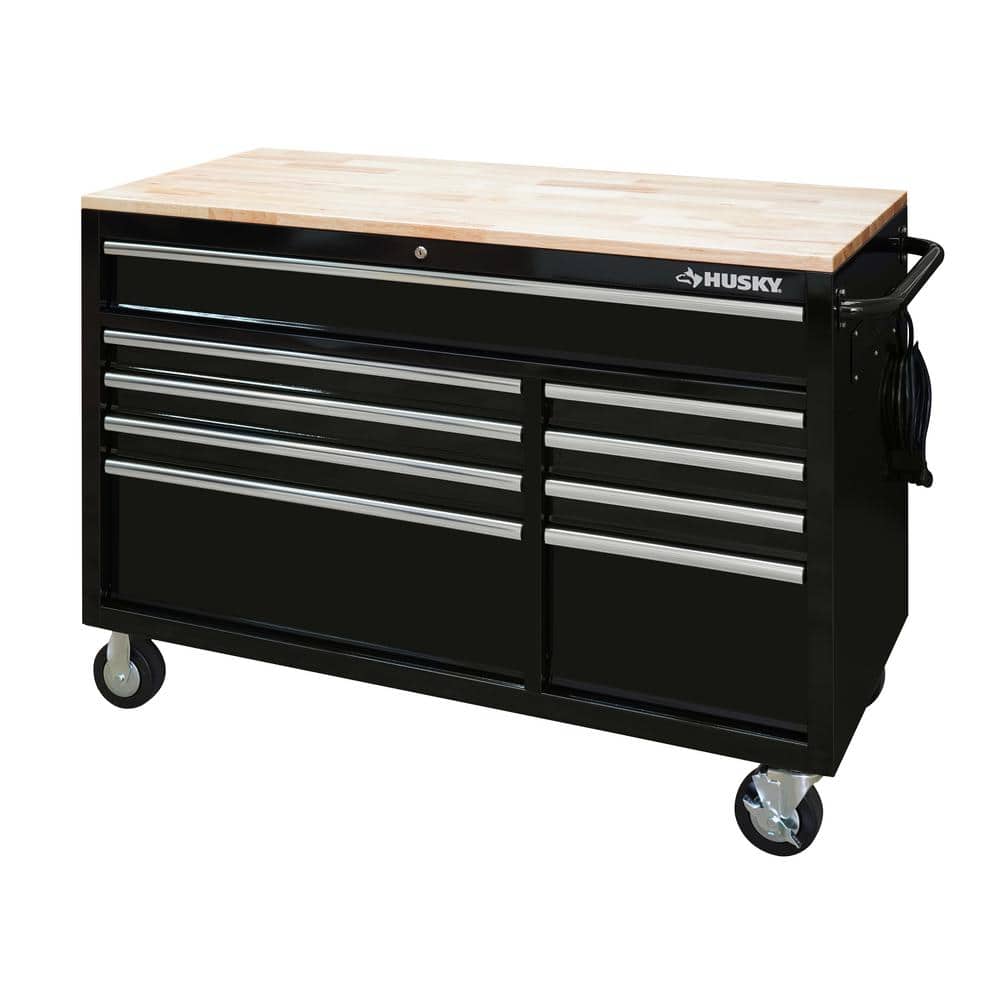 Husky 52 in. W x 25 in. D Standard Duty 9-Drawer Mobile Workbench Tool Chest with Solid Wood Top in Gloss Black, Gloss Black with Silver Trim -  HOTC5209B12M