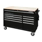 52 in. W x 25 in. D Standard Duty 9-Drawer Mobile Workbench Tool Chest with Solid Wood Top in Gloss Black