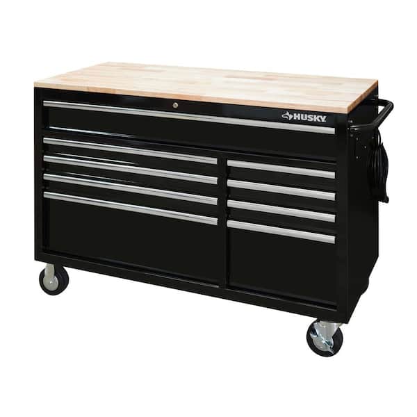 Husky HOTC5209B12M 52 in. W x 25 in. D Standard Duty 9-Drawer Mobile Workbench Tool Chest with Solid Wood Top in Gloss Black - 1