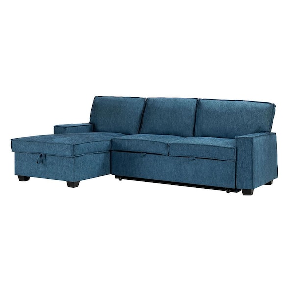 JAYDEN CREATION Hesione Indigo 56.3 in W Square Arm Polyester L shaped Pull Out Sleeper Sofa & Chaise with Storage in Blue