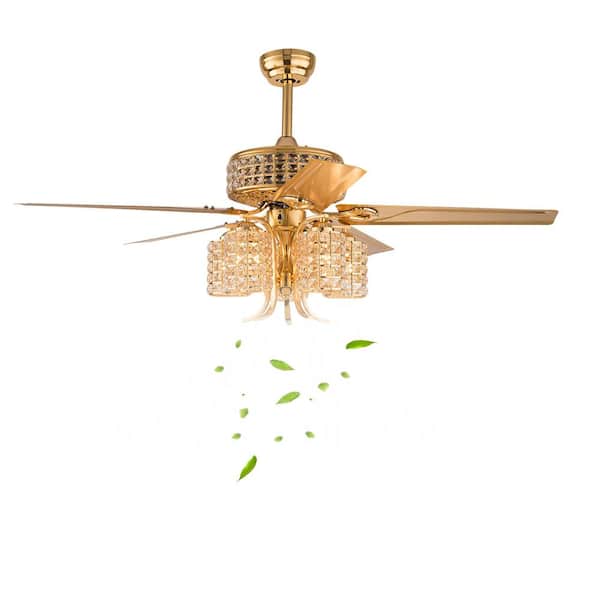 OUKANING 52 in. Indoor Gold Luxury Crystal 3-Speed Ceiling Fan with Remote, No Bulbs Included
