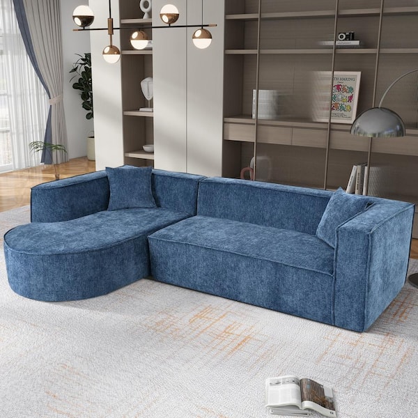 Harper & Bright Designs 109.2 in. L Shaped Chenille Sleek Modern Sponge Sectional Sofa in Blue with 2-Throw Pillows, no Assembly Required