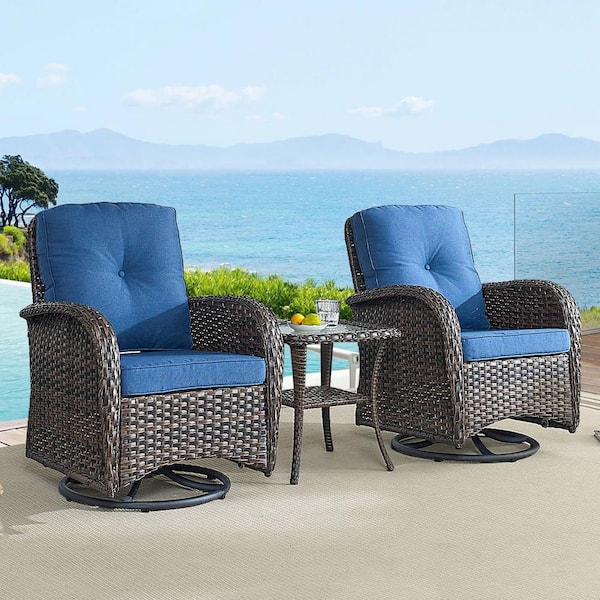 Gymojoy Carlos Brown 3-Pieces Wicker Patio Conversation Set with Blue Cushions