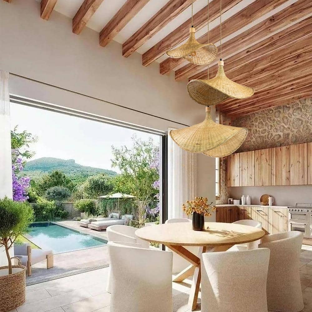 Island-Vibe Triple Hat-Shaped Rattan Pendant Light - Tan