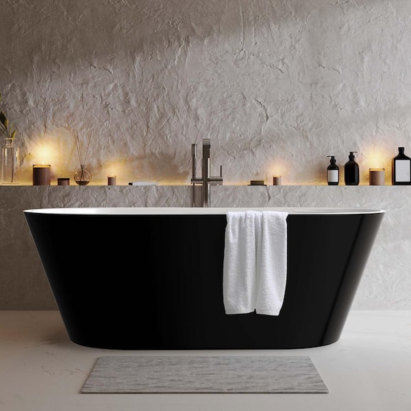 Getpro 55 in. x 27.5 in. Oval Acrylic Freestanding Bathtub with Center Drain Flatbottom Free Standing Soaking Tub in Black