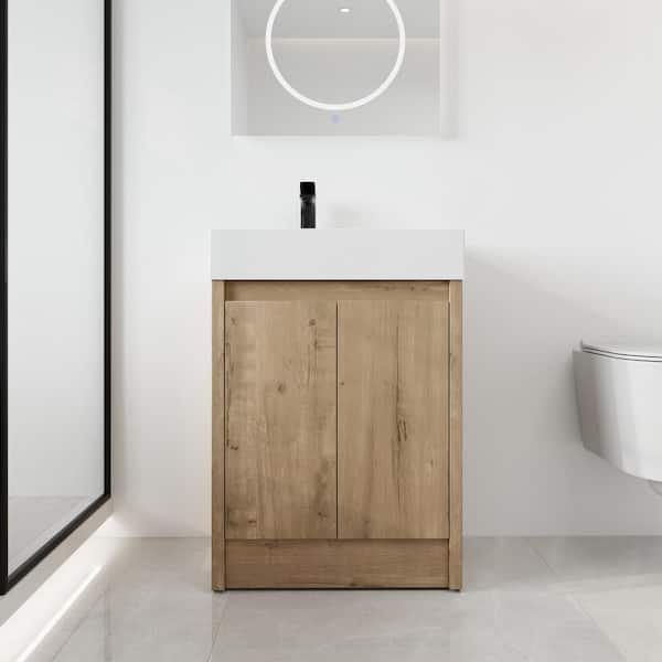 ARTCHIRLY 23.6 in. W x 18.1 in. D x 35 in. H Freestanding Bath Vanity in Light Brown with White Resin Vanity Top