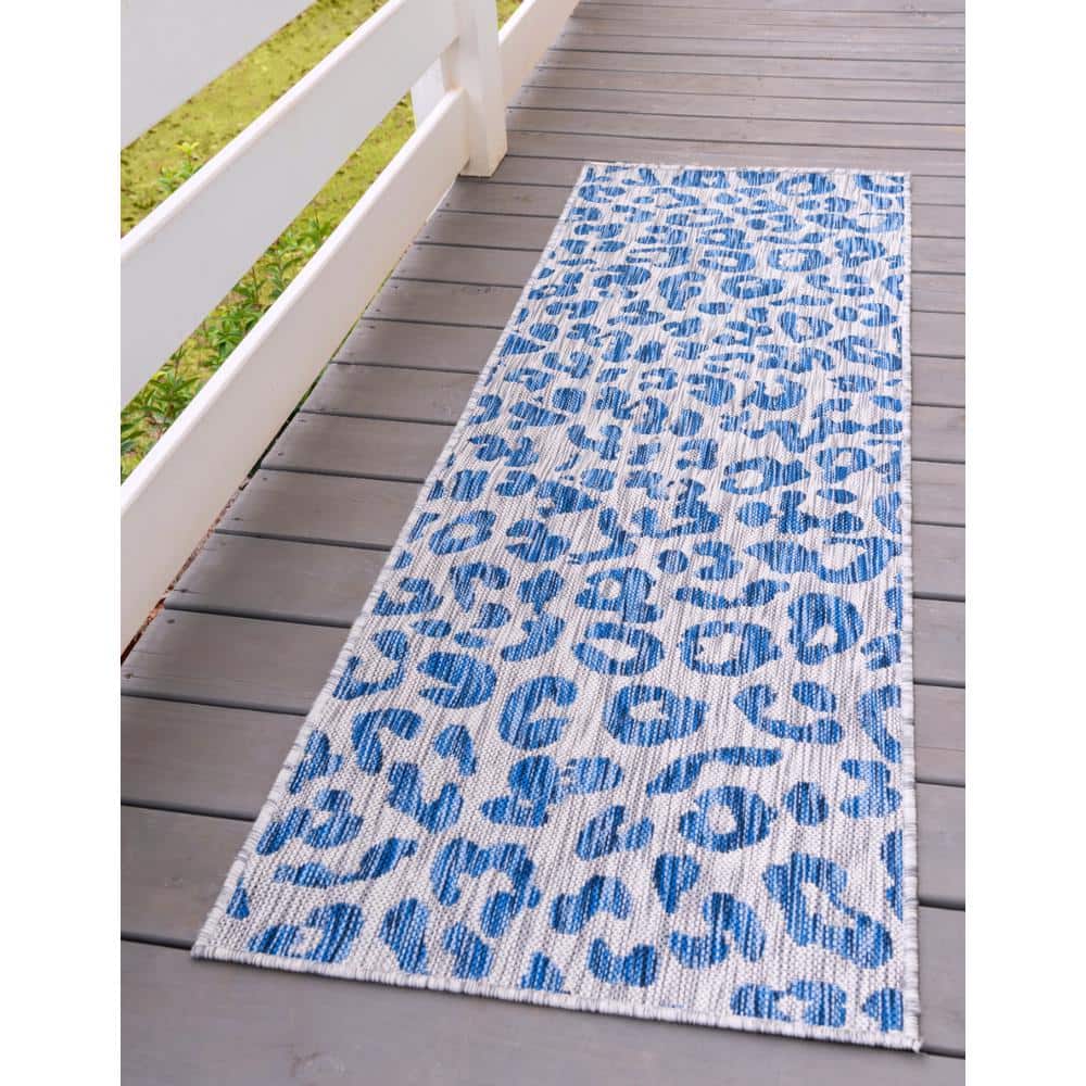 Contemporary Blue Abstract Outdoor Runner 2' x 6'1" Synthetic Easy-Care