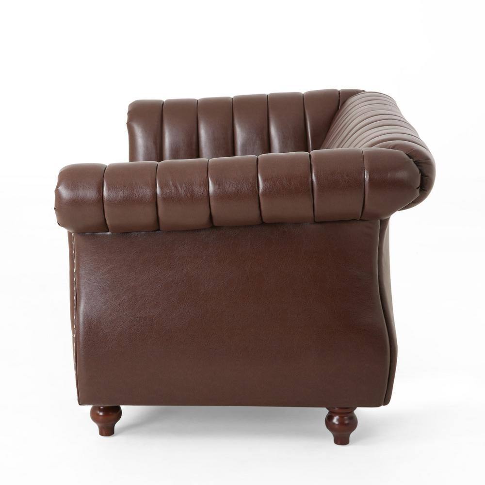 Elegant Dark Brown Faux Leather Loveseat with Espresso Wood Accents