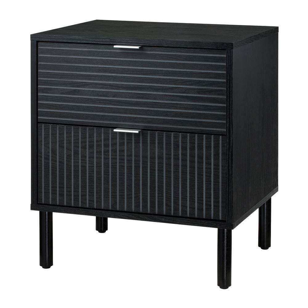 Sango Merk Sleek Black 2-Drawer Nightstand with Groove Detail