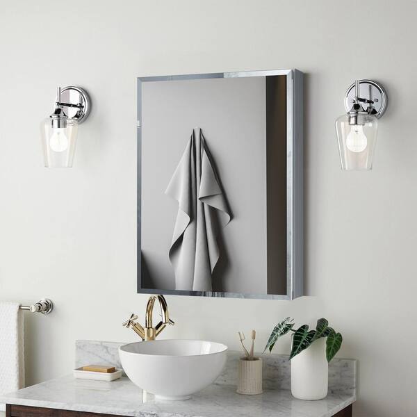 Forclover KF 19-in x 30-in Surface/Recessed Mount Satin Mirrored Soft Close Medicine Cabinet