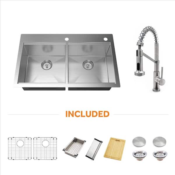 Glacier Bay Professional Zero Radius 36 in Drop-In Double Bowl 16 G Stainless Steel Workstation Kitchen Sink with Spring Neck Faucet