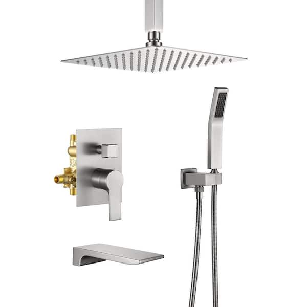 Single Handle 1-Spray 3-Way Tub and Shower Faucet 2.5 GPM Ceiling Mount Shower Head in Brushed Nickel Valve Included