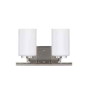 Oslo 12.5 in. 2-Light Brushed Nickel Transitional Contemporary Bathroom Wall Vanity Light with Opal Etched Glass Shades
