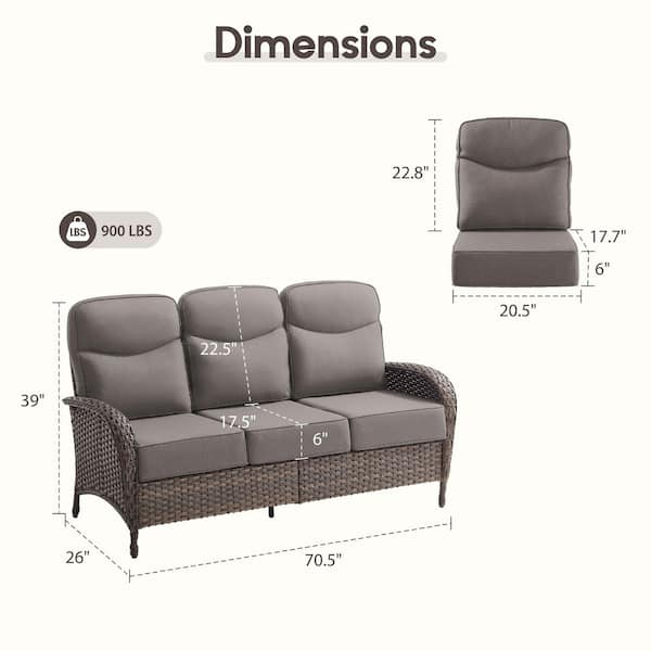 High Crescent 3-Person Seat Brown Wicker Patio Outdoor Sofa Loveseat with Gray Cushions