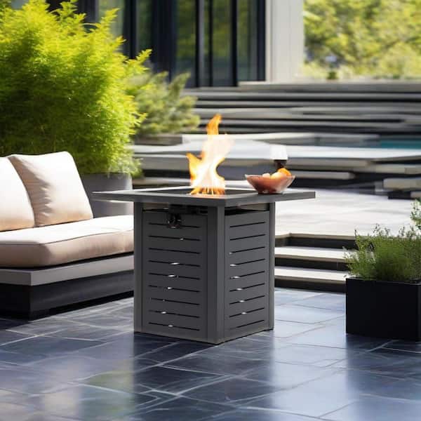 Black Square Steel Outdoor Fire Pit Table with Glass Beads