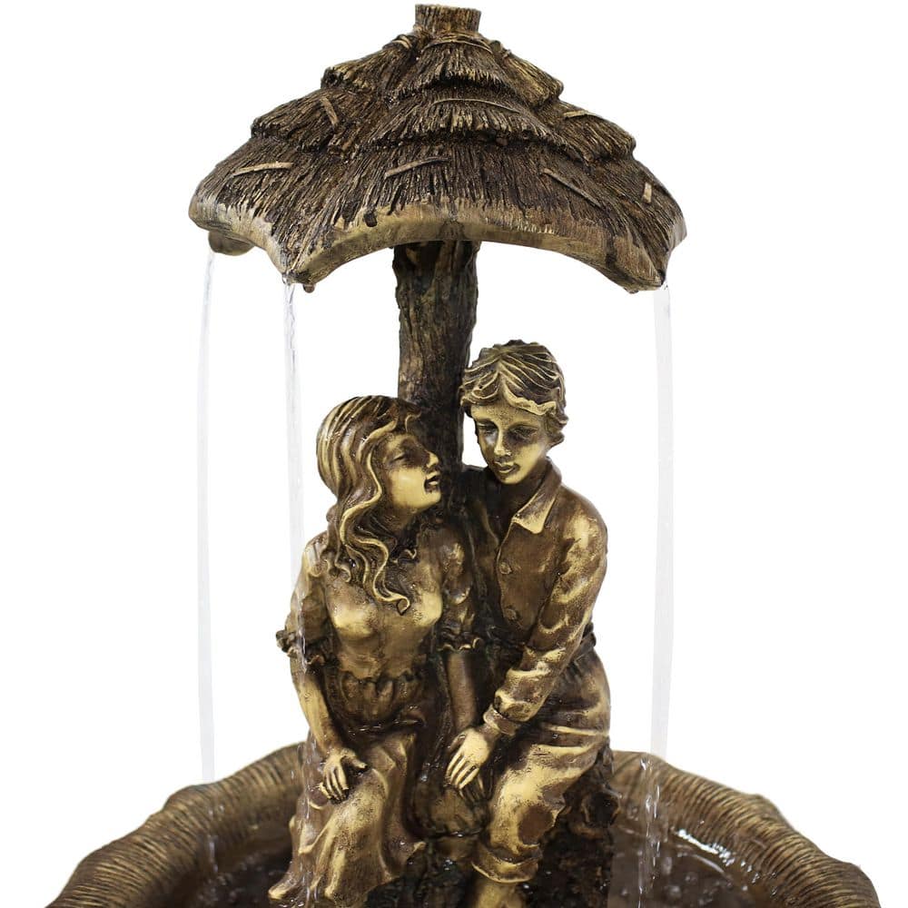 Brown Polyresin Solar Powered Lovers Umbrella Water Fountain with LED Lights