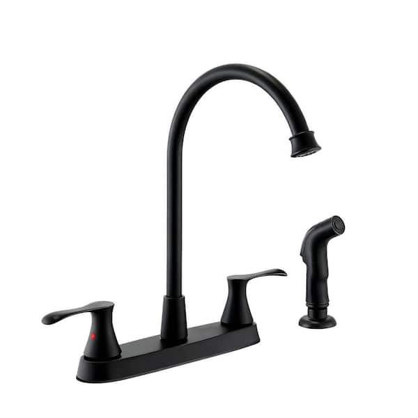 Double Handle Deck Mount Standard Kitchen Faucet, 4-Hole 8 in. Kitchen Sink Faucet with Side Sprayer in Matte Black