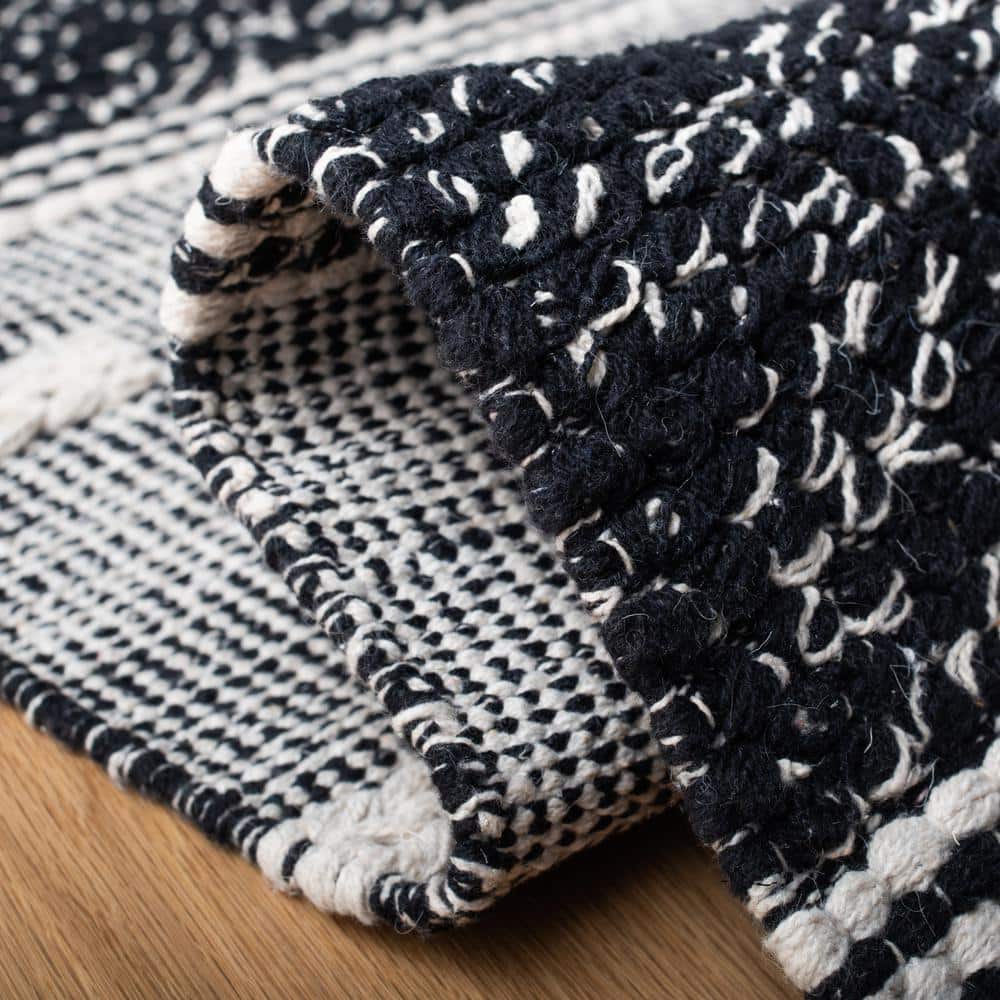 Black and Ivory Striped Wool Cotton 9' x 12' Rug