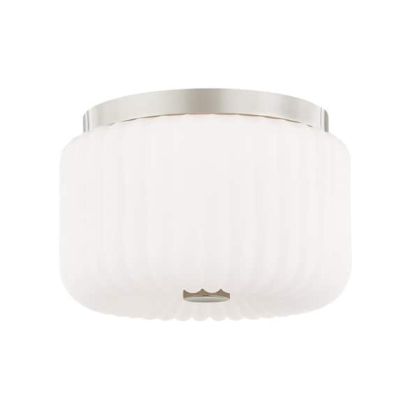 MITZI HUDSON VALLEY LIGHTING Lydia 6.25 in. 2-Light Polished Nickel Flush Mount with Opal Glossy Shade