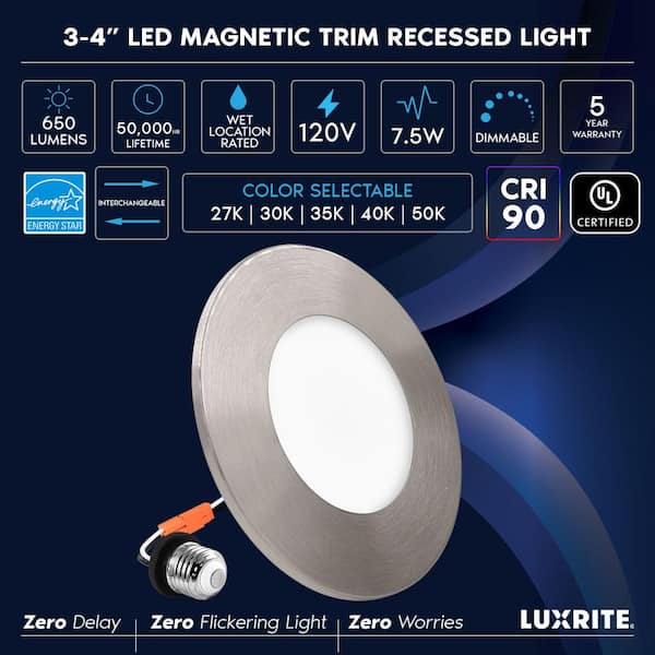 3-4 in. Integrated LED Flush Mount & Recessed Light, 7.5W, 5CCT, 650LM, Dimmable, J-Box or 4 in. Housing, Brushed Nickel
