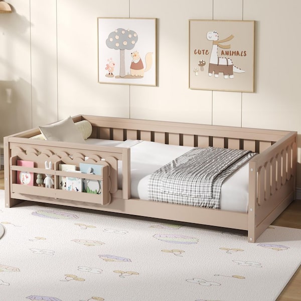 Vivian Natural Brown Semi-Enclosed Kids Bed Wood Frame Twin Size Platform Bed with Guardrail and Storage Shelves