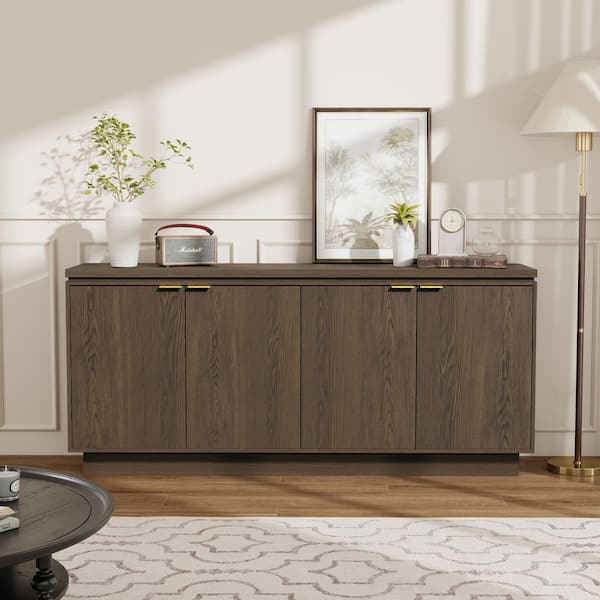 Walnut 70 in. 4-Door Sideboard Buffet, Oak Veneer MDF Multi-Purpose Contemporary Storage Cabinet with Adjustable Shelves