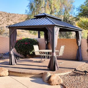 10 ft. x 13 ft.Gray Patio Outdoor Gazebo for Backyard Hardtop Aluminum Frame with Netting, Hooks, Upgrade Curtain