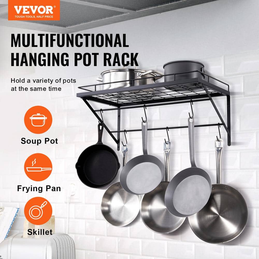 Black 24-Inch Wall-Mounted Metal Pot Rack with 12 Hooks