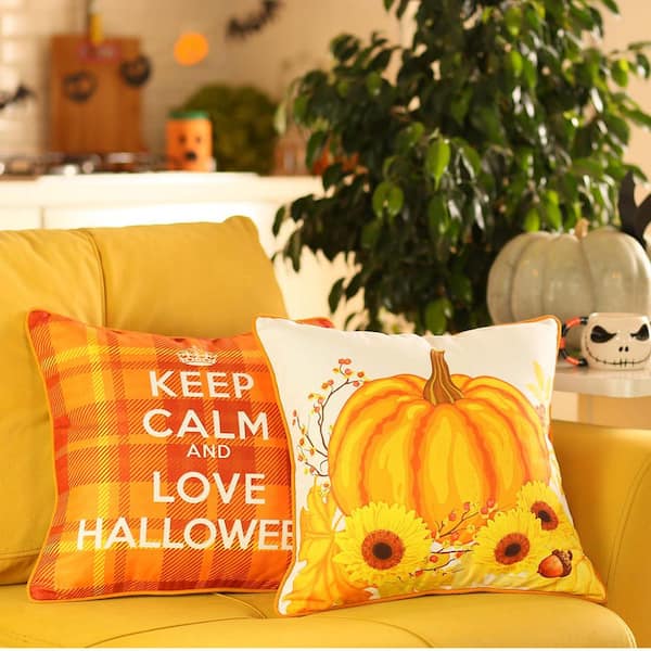 MIKE & Co. NEW YORK Fall Season Decorative Throw Pillow Halloween Quote Plaid and Pumpkin 18 in. x 18 in. Orange Square for Couch (Set of 2)