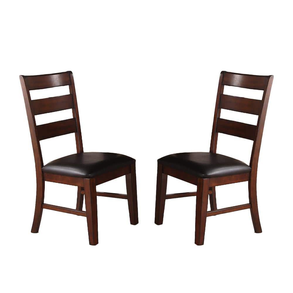 POUNDEX Walnut Solid Wood and Dark Brown Faux Leather Dining Chair (Set