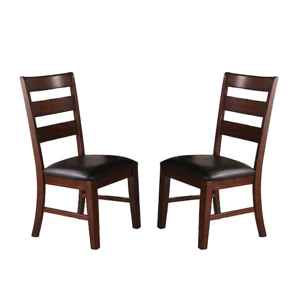 SIMPLE RELAX Walnut Solid Wood and Dark Brown Faux Leather Dining Chair (Set of 2)