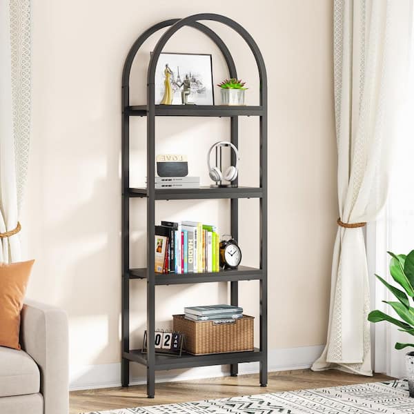 Eulas 70.9 in. Tall Black Wood 4-Shelf Standard Bookcase with Metal Frame, Farmhouse Storage Rack Standing Bookshelf