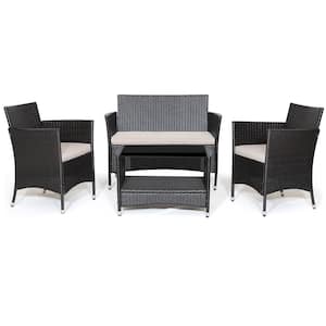 4-pieces Wicker Patio Conversation Set Armrest Sofa Coffee Table with Beige Cushions Shelf Garden