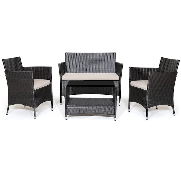 Costway 4-pieces Wicker Patio Conversation Set Armrest Sofa Coffee Table with Beige Cushions Shelf Garden