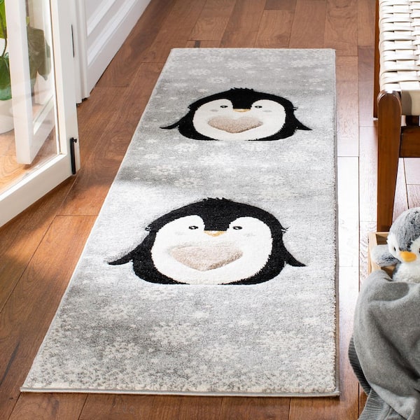 Carousel Kids 2 ft. x 6 ft. Light Gray/Black Snowflake Penguin Runner Rug